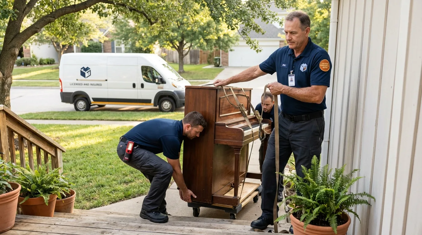 Licensed piano movers securing grand piano in Mulberry, IN
