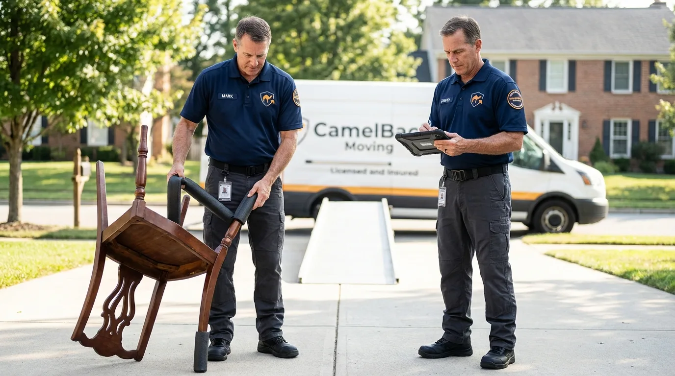 Movers inspecting furniture for damage prevention before loading in Mulberry, IN