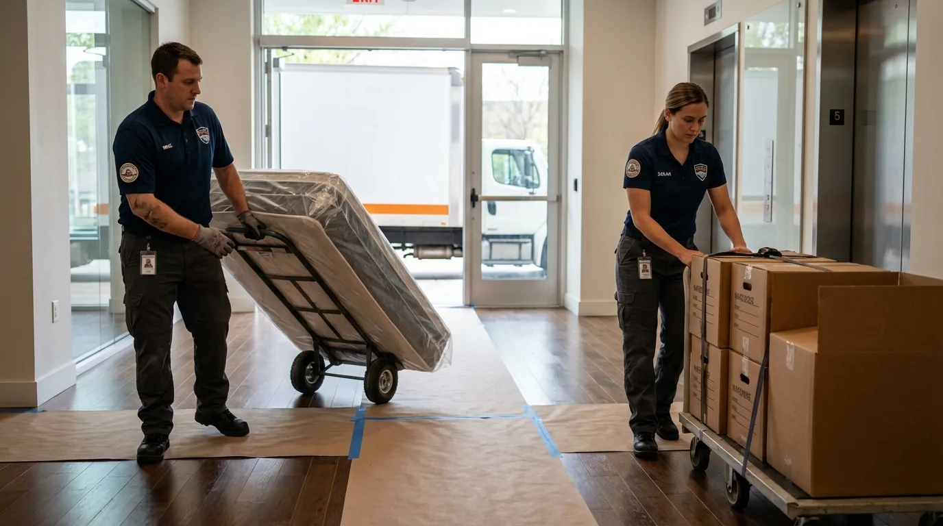 Professional apartment movers loading elevator in Mulberry, IN